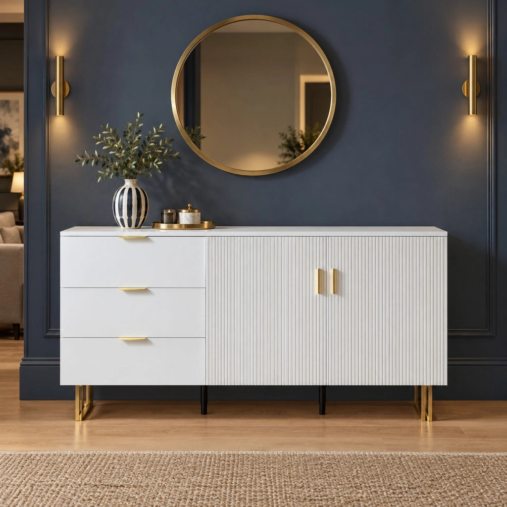 Credenza 160x40x81，5 cm in MDF bianco， 2 ante e 3 cassetti
