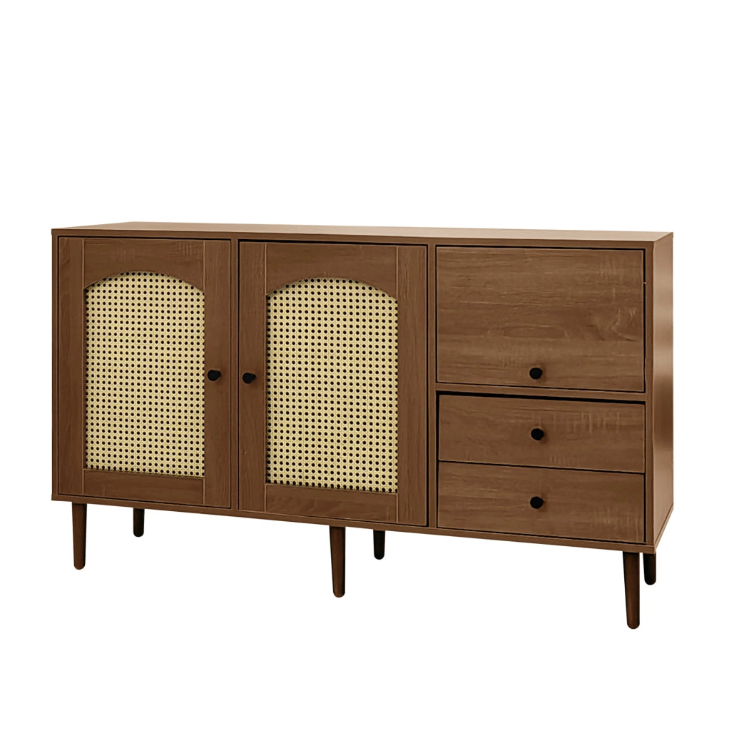 Credenza 130x75.5x40 cm con ante effetto rattan e ripiani regolabili; pannello truciolare