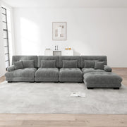 Divano angolare modulare a 4 posti in chenille grigio con pouf mobile e cuscini decorativi 81 × 406 × 145 cm
