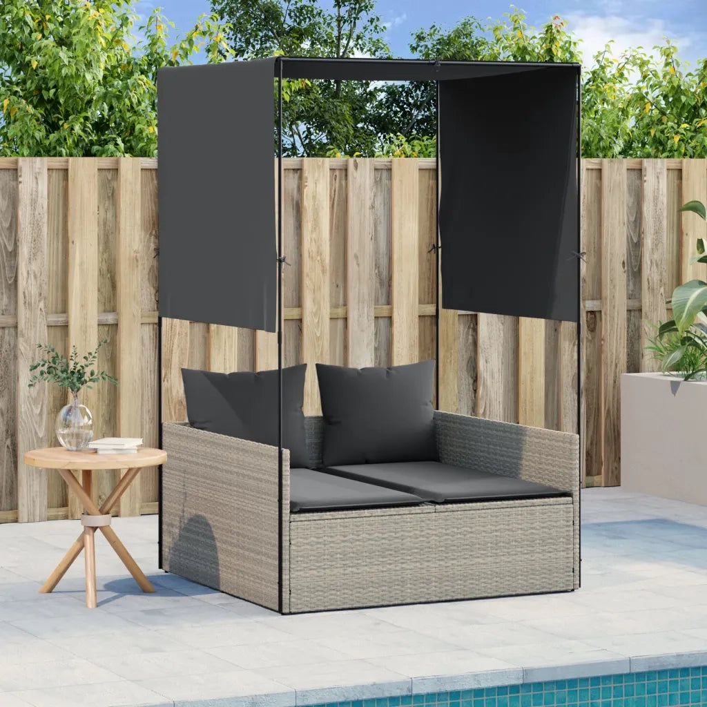 Lettino Prendisole | Sdraio da giardino | Lettino da sole Tetto e Tende Grigio Chiaro in Polyrattan