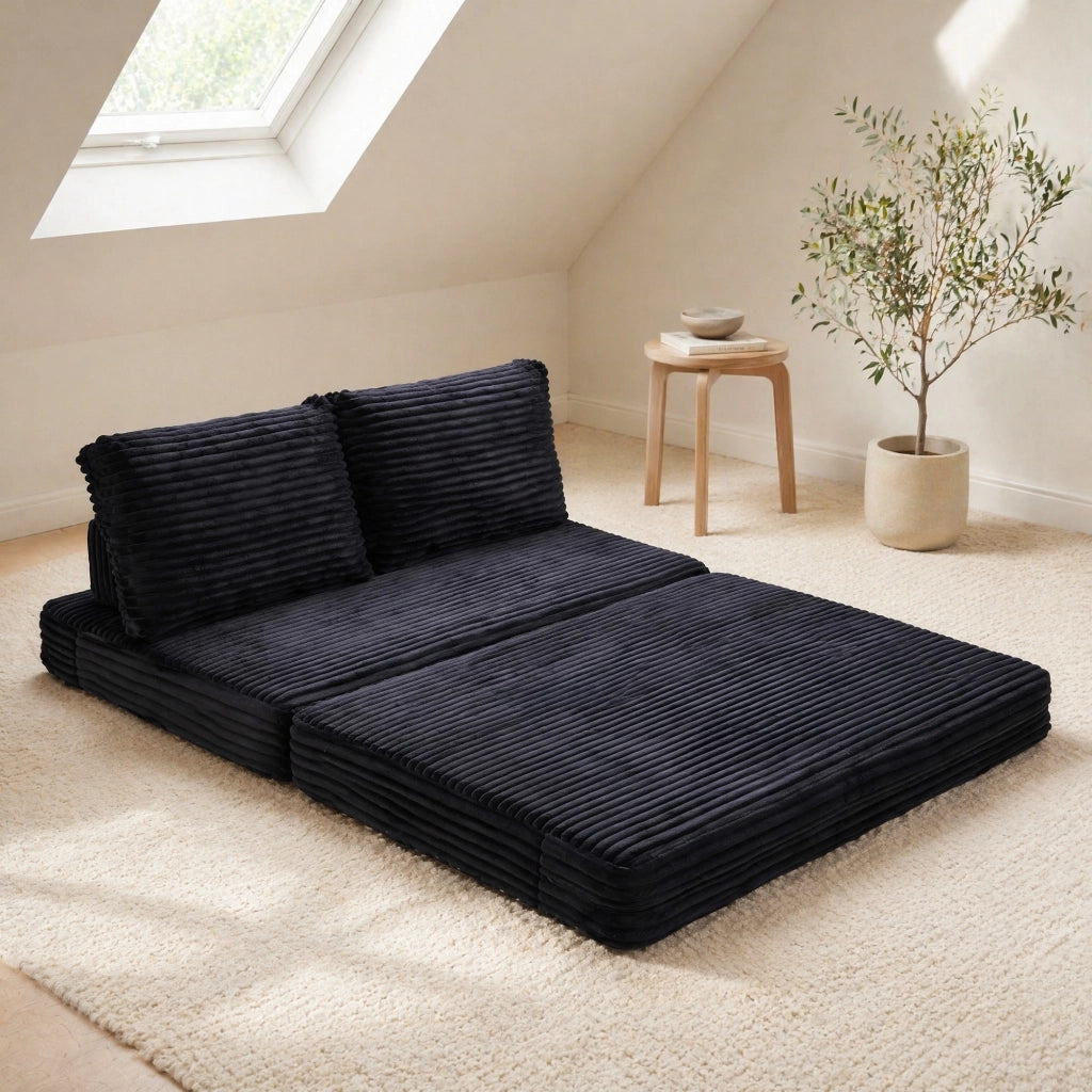 Divano letto 2 in 1 in tessuto nero con schienali rimovibili 150x33x32 cm