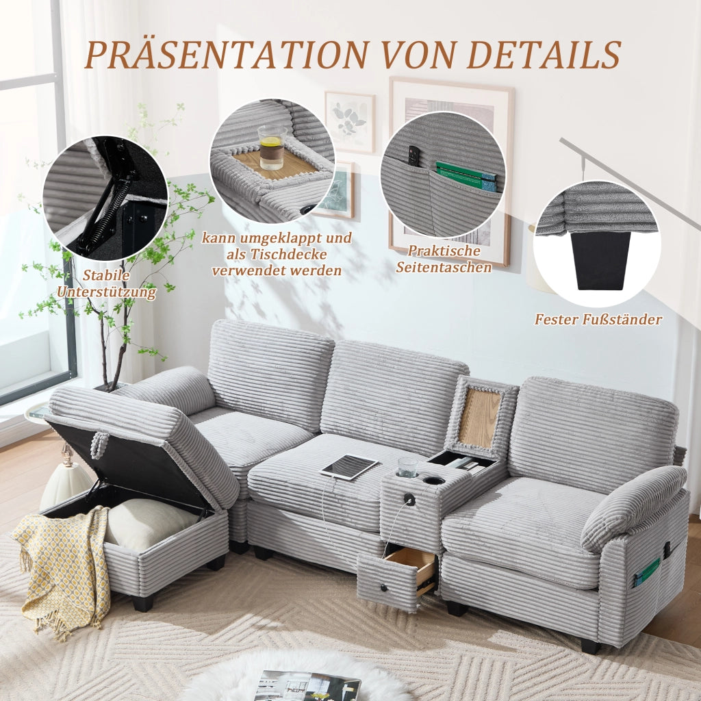 Divano ad angolo in cord con console scorrevole, porta USB-C, tasche laterali e pouf contenitore grigio chiaro
