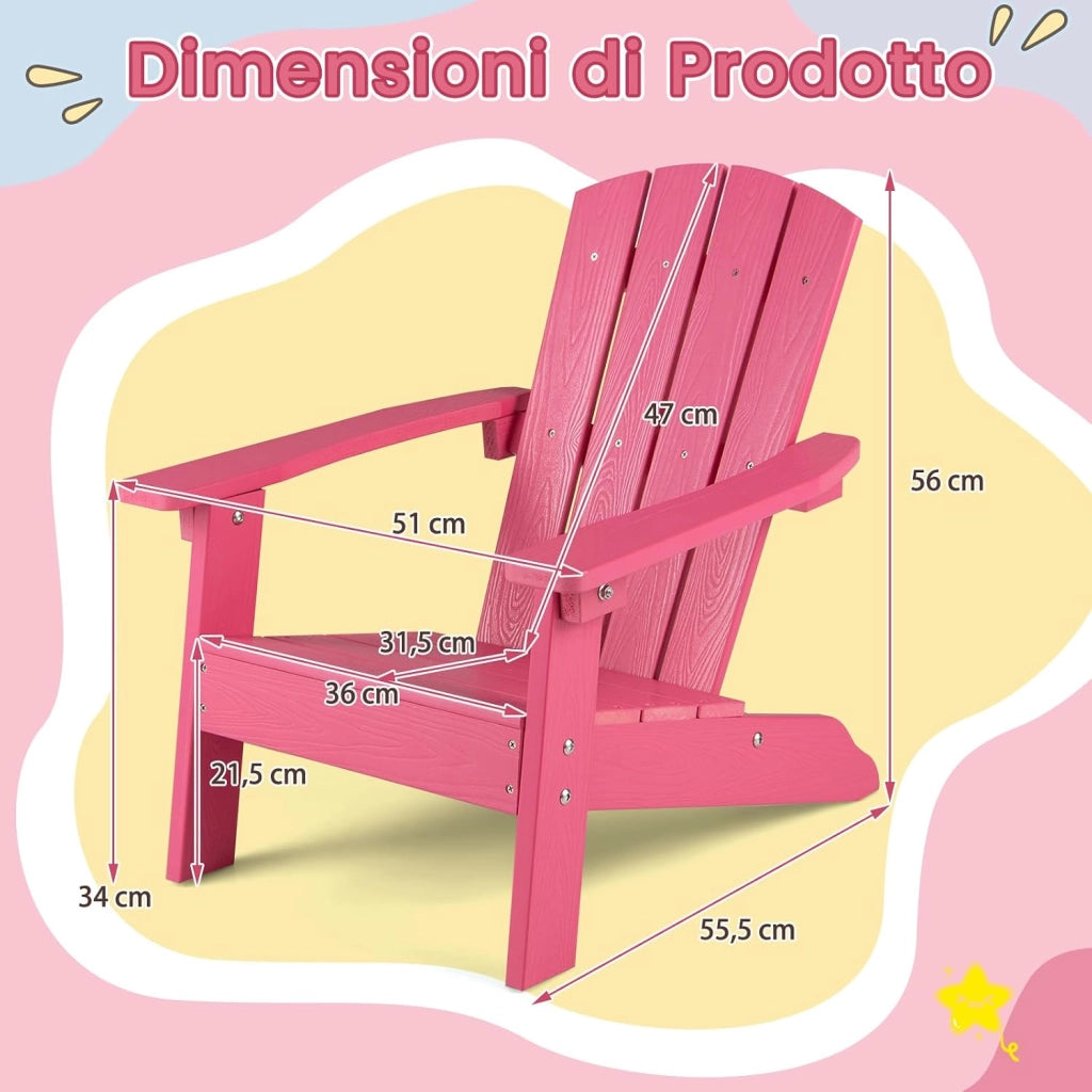 Sedia Adirondack per Bambini, Poltrona da Giardino in Plastica Resistente alle Intemperie con Schienale a Doghe Inclinato, Sedia Adirondack per Patio e Balcone, Portata 75 kg (Rosa)