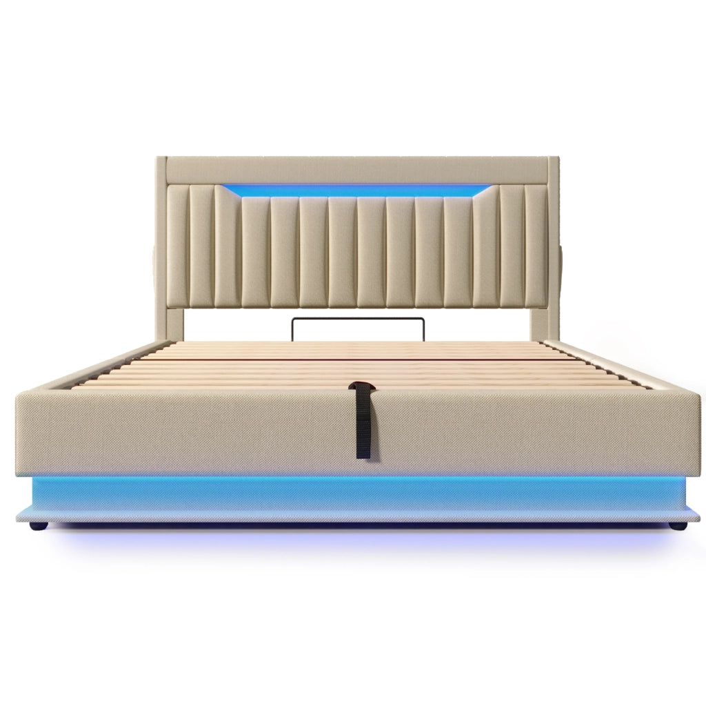 Letto matrimoniale imbottito ULEVR 140x200 cm con contenitore idraulico, LED, 3 USB e Type-C, lino beige