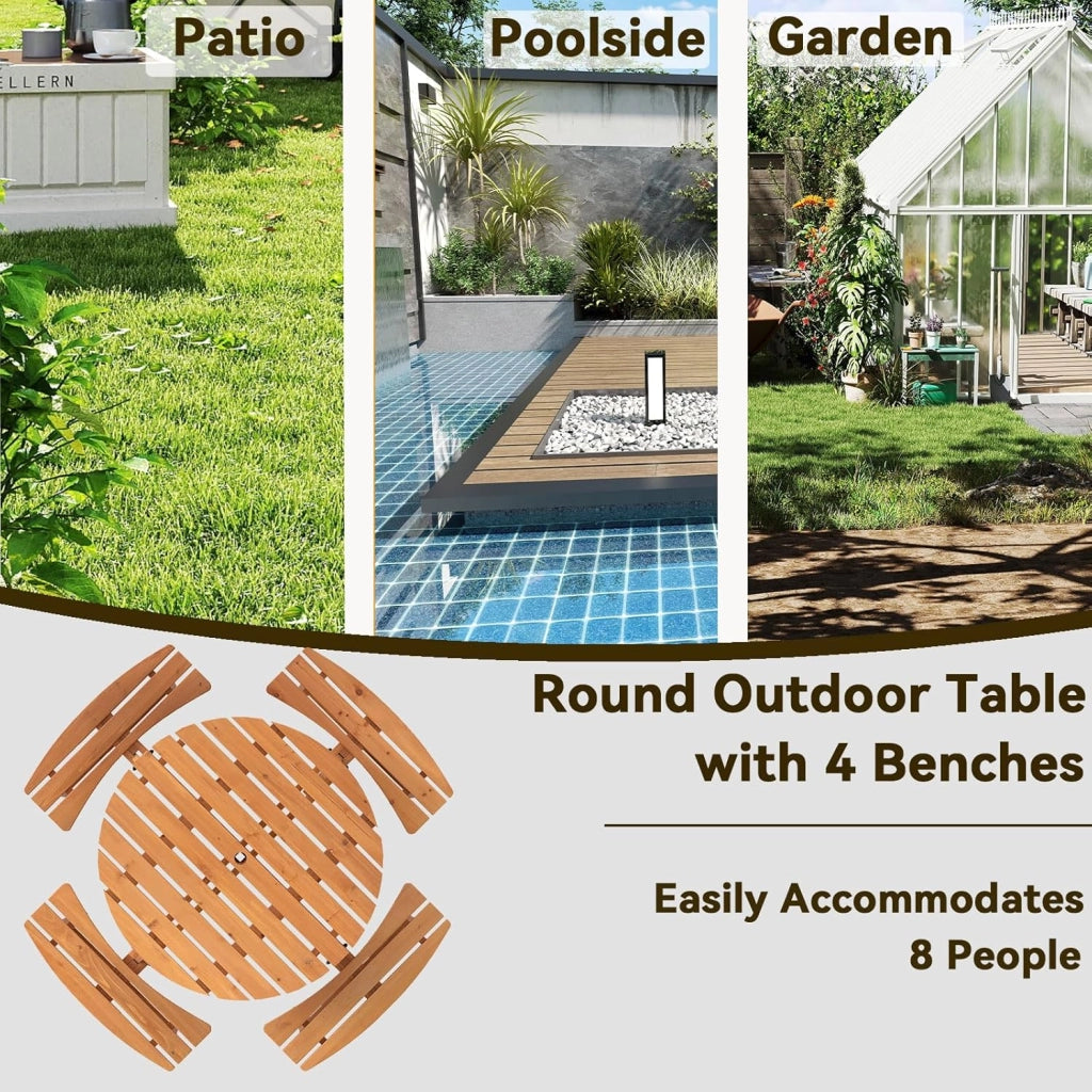 Set da Giardino per 8 Persone in Legno di Abete, Tavolo con Sedie Integrato e Foro per Ombrellone, Mobili da Esterno per Terrazza, Cortile e Pic-Nic, 178 x 70 cm