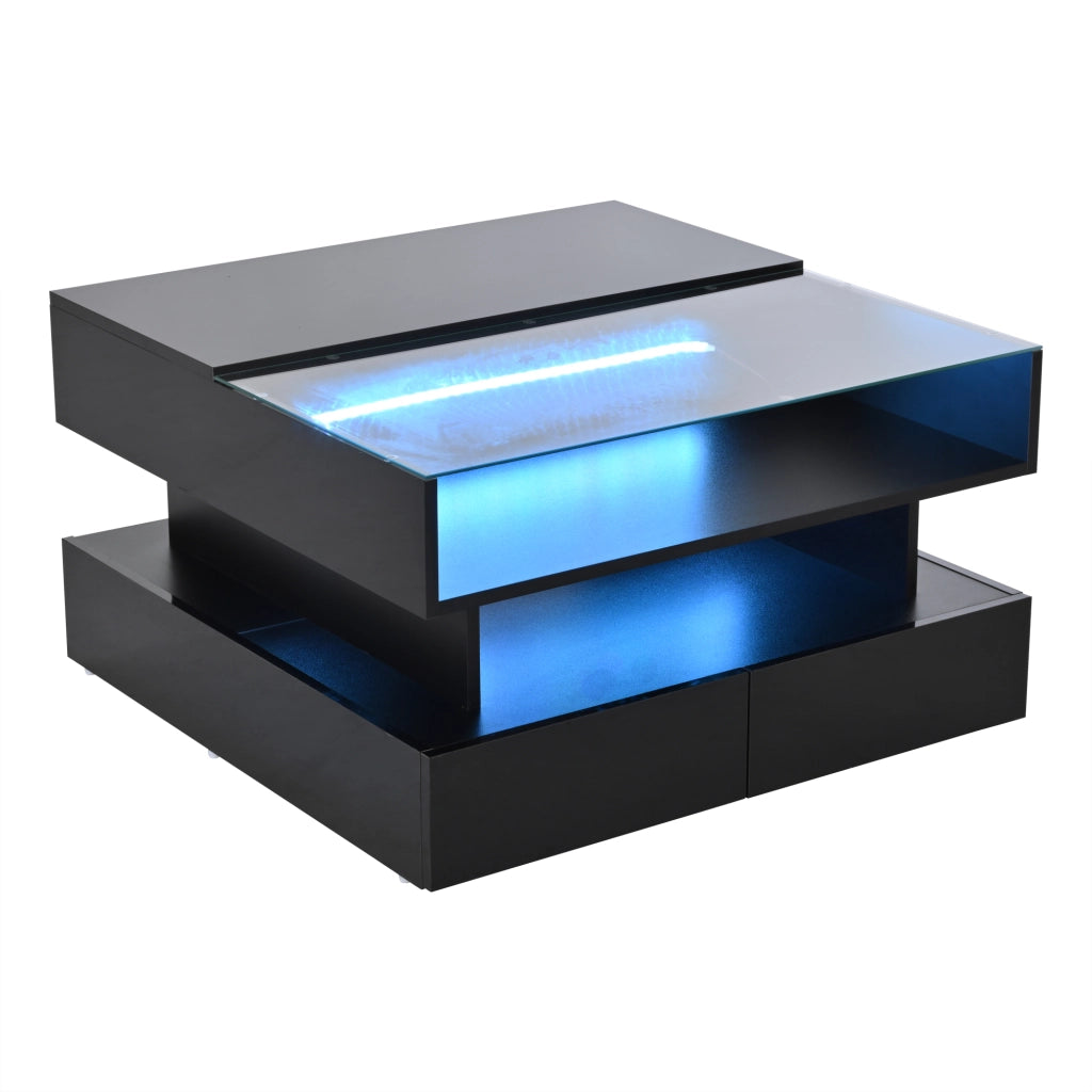 Tavolino da caffè con piano sollevabile; 2 cassetti e LED - per soggiorno - 80×80×45 cm - nero