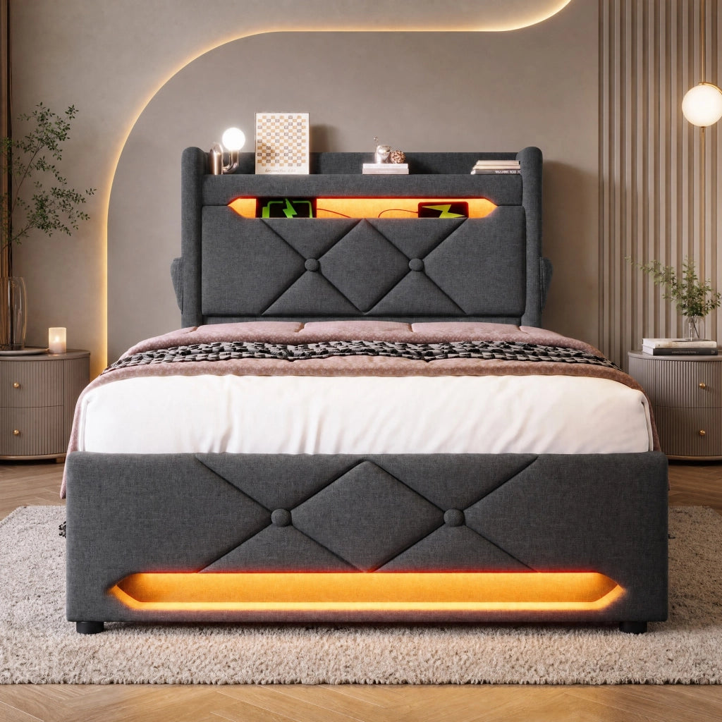 Letto singolo 90x200 cm con contenitore idraulico; LED 360掳; testiera con USB e Type-C; lino grigio