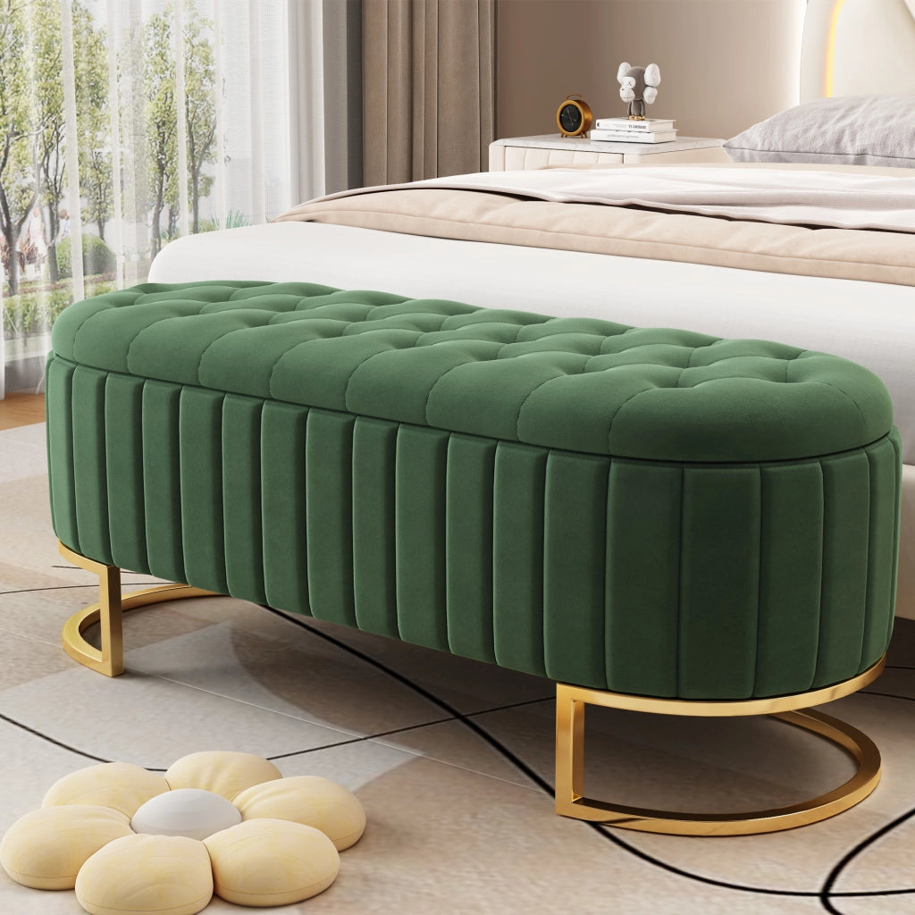 Panca Contenitore Pouf con Vano Nascosto e Seduta Imbottita; in Velluto Verde