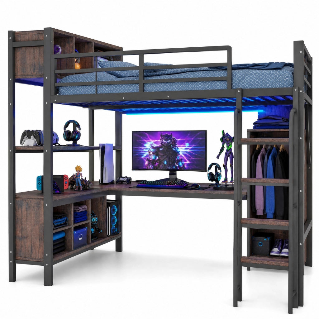Letto a soppalco multifunzionale 140 x 200 cm con scrivania, armadietto, ripiani, LED e prese UE, nero