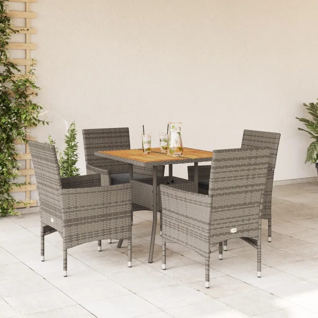 Set Pranzo Giardino 5 pz | Set Salotto da Giardino con Cuscini Grigio Polyrattan Acacia