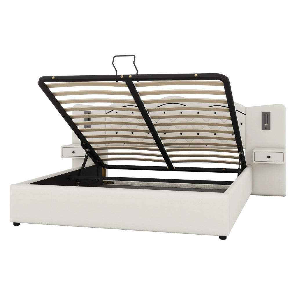 Letto imbottito 180x200 cm; alzata idraulica e luci; lino e MDF; beige