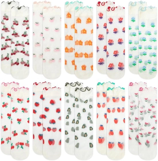 Sottovesti trasparenti 10 paia - nylon - ademabili - con ricami a motivi floreali e fruttati - resistente ai colori
