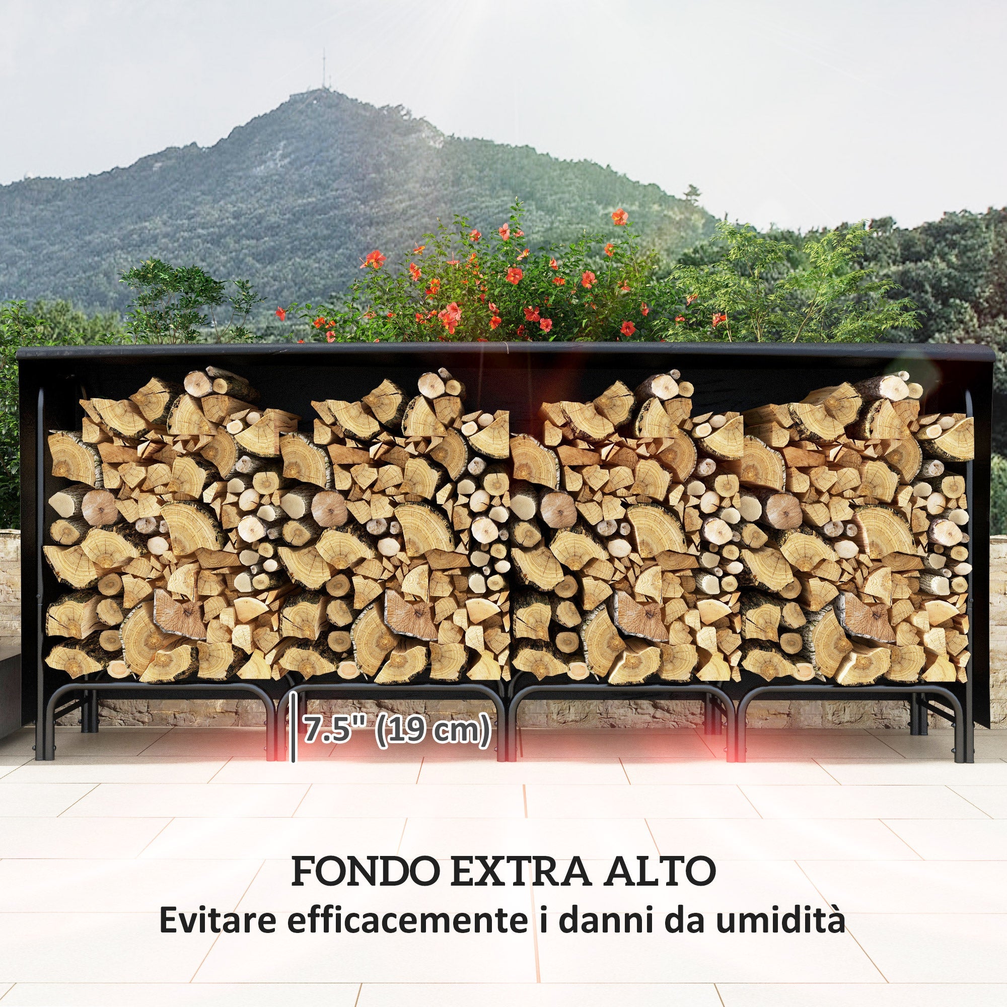 Portalegna per Camino da Interno ed Esterno con Telo Porta Legna e Copertura 240x36x99 cm in Metallo Nero