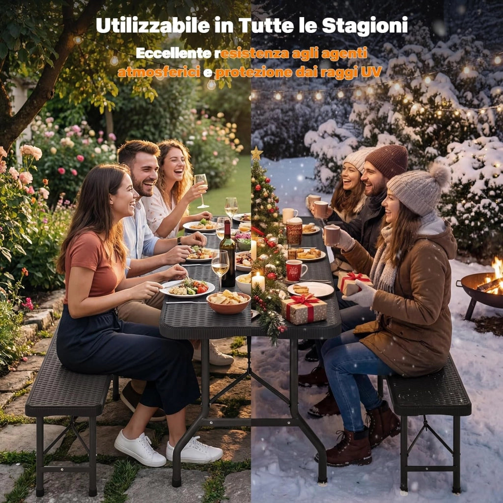 Set 3 Tavoli e Panche Birreria Pieghevoli Rattan, 1 Tavolo 180x74x74cm + 2 Panca da Esterno 180x30x43cm, Robusta Portatile Facile da Pulire Pieghevole Tavolo Birreria con Panche per 6-8 Persone
