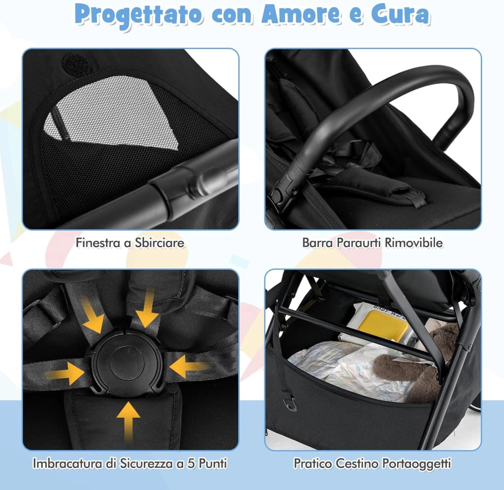Passeggino Leggero Pieghevole per Bambini, Passeggiono Compatto con Schienale e Cappotta Regolabile, Cinture di Sicurezza a 5 Punti, Ruote con Freno, Fino a 15 kg (Nero)