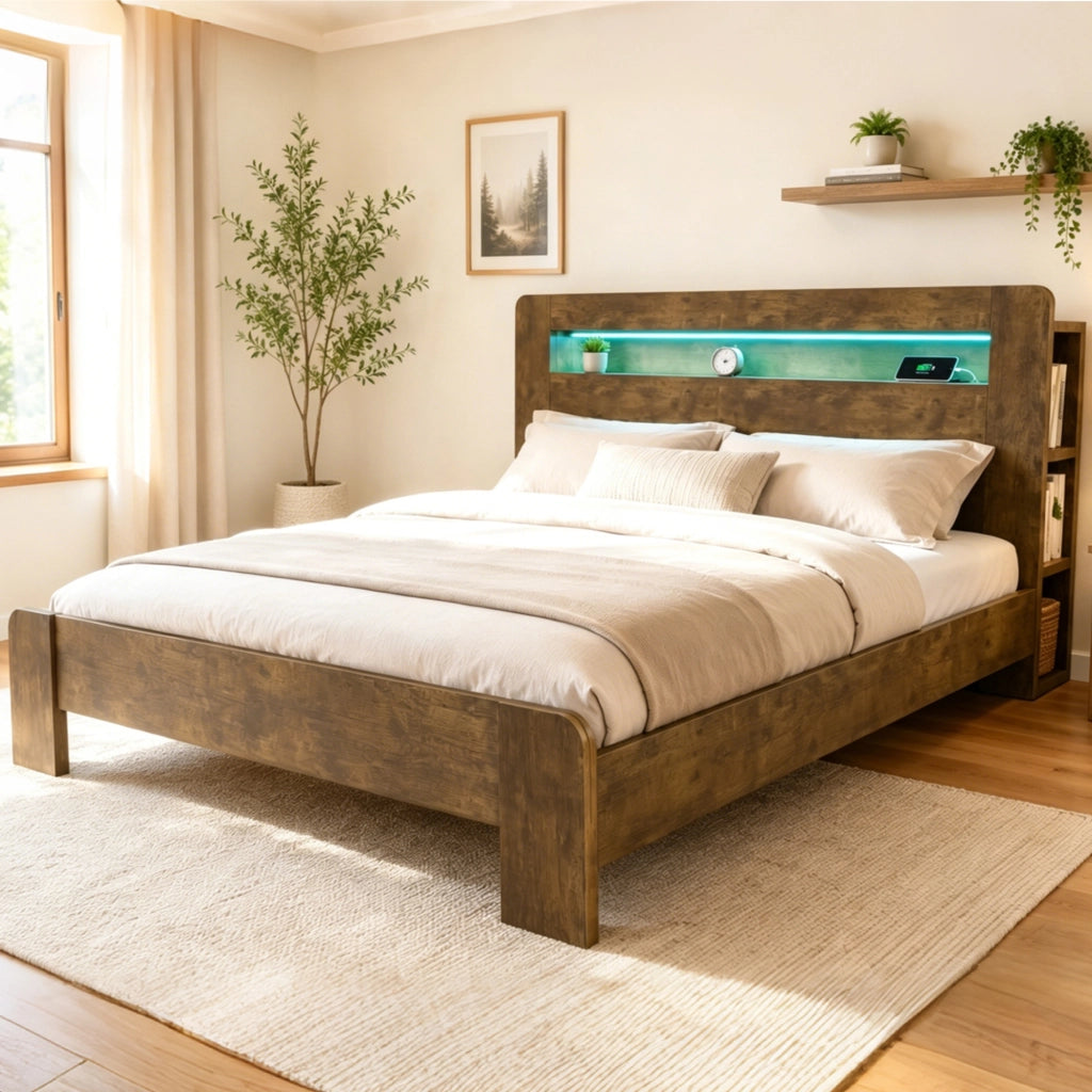 Letto con testiera matrimoniale 180×200 cm con ripiani; LED e prese; senza materasso; legno; vintage