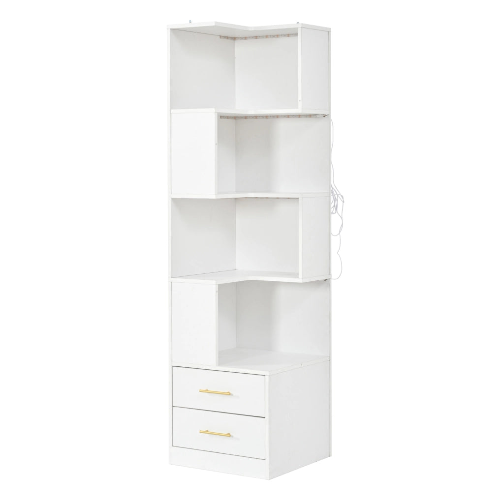 Scaffale angolare freestanding 165 cm con LED; 4 ripiani e 2 cassetti; bianco
