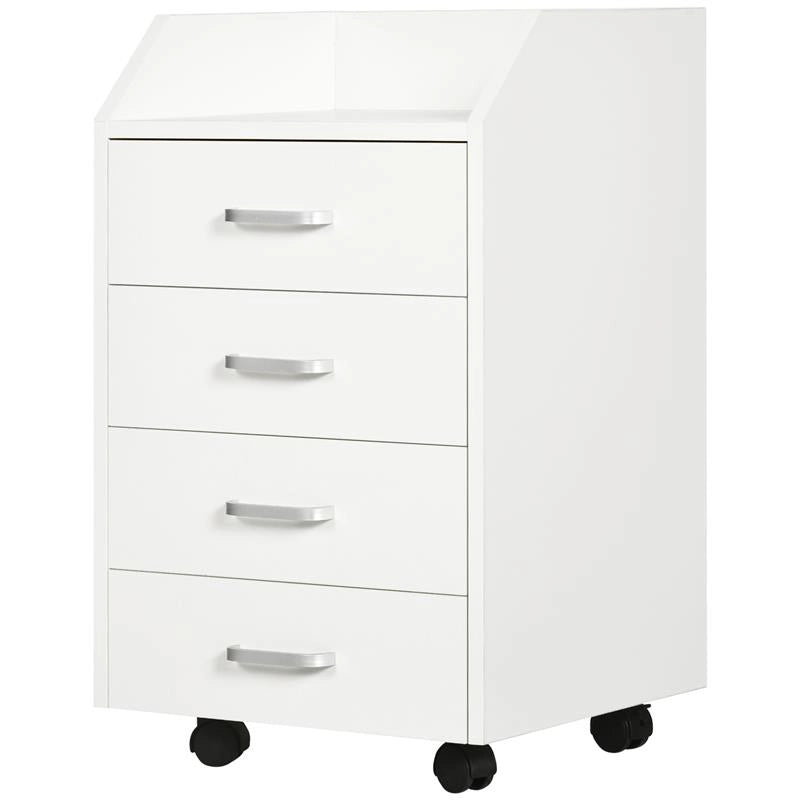 CASSETTIERA DA UFFICIO IN LEGNO CON 4 CASSETTI, RUOTE E BORDI RIALZATI, 40X36X65CM, BIANCO