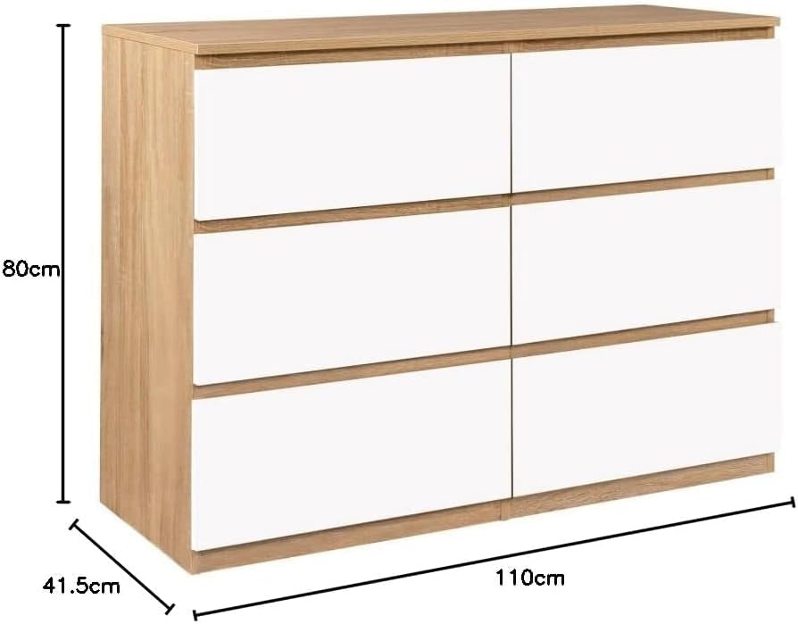 TOMI 110 cm cassettiera a 6 cassetti effetto faggio e bianco
