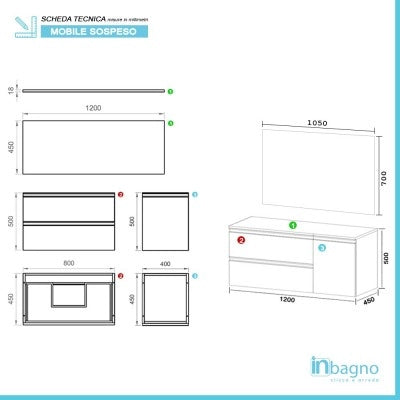 Mobile bagno sospeso 120 cm bianco opaco con due cassetti anta e specchio tondo Master