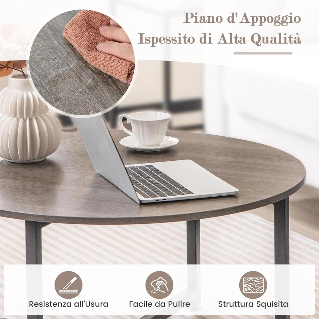 Set di Tavolini da Caffè 3 Pezzi, Tavolino Rotondo e 2 Tavolini Quadrati con Struttura Metallica Robusta, Set di Tavoli da Salotto Moderni 3 Pezzi (Grigio)
