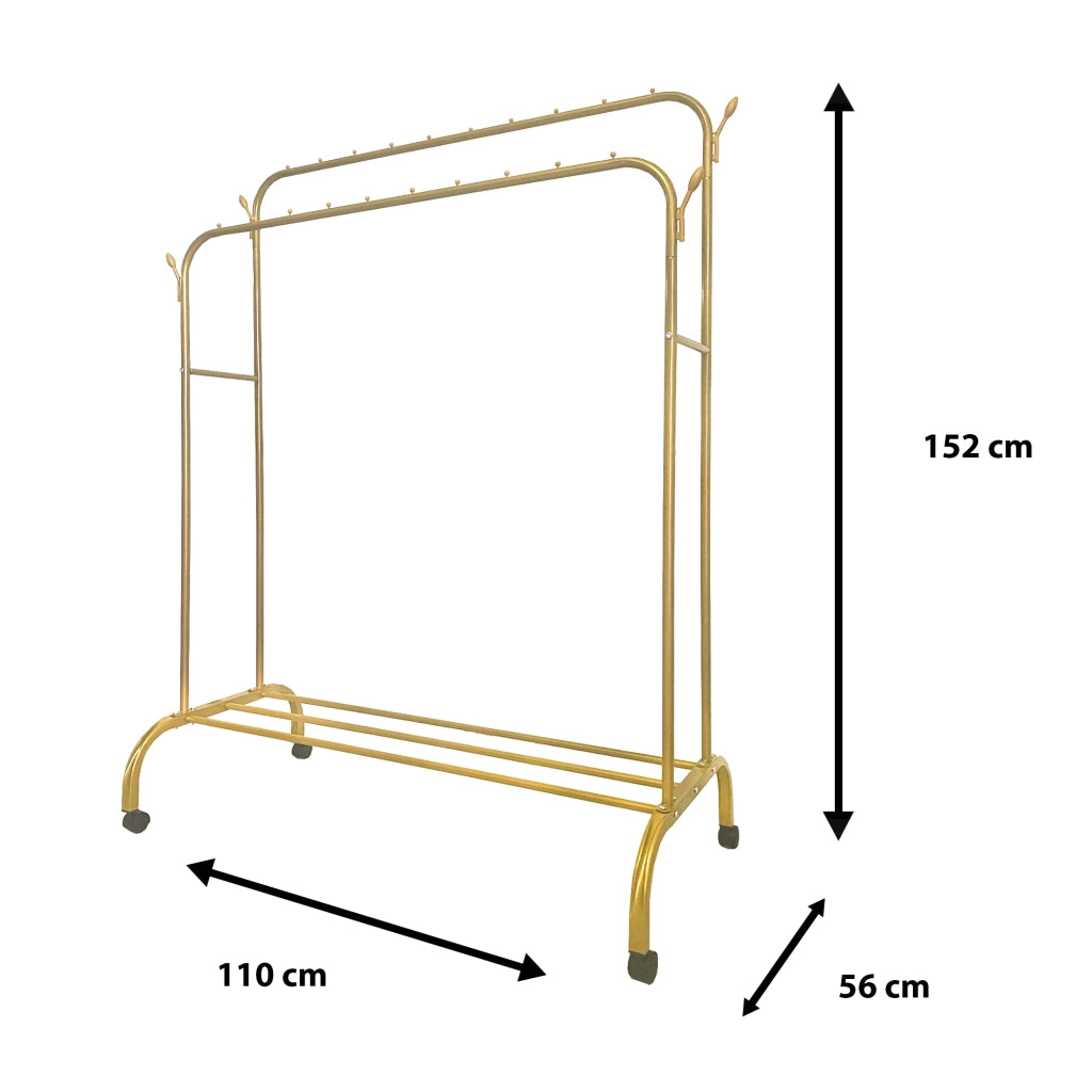 Appendiabiti Donkey Premium Maxi a 1 supporto Nyana Home 152x110x56 cm, 2 barre appendiabiti, 4 ganci laterali, 1 ripiano inferiore Oro.