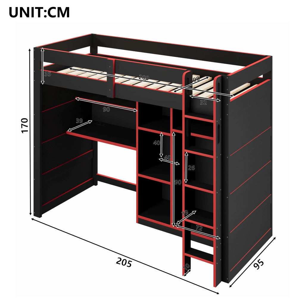Letto a soppalco 90 × 200 cm con scrivania armadio aperto LED USB in MDF e compensato nero e rosso