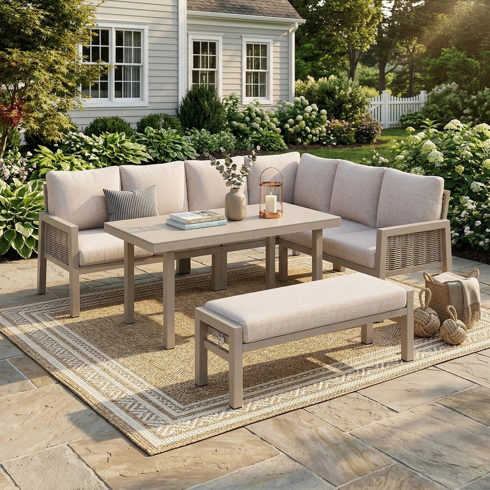 Set da giardino per 8 persone - Zephmum- Tavolo in vetro, ferro zincato, tessuto PE intrecciato a mano, colore kaki