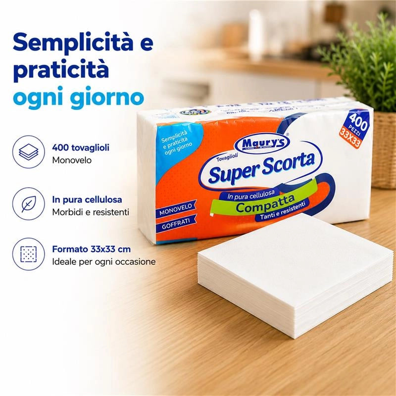 MAURY'S SET 10CF DA 400PZ TOVAGLIOLI IN PURA CELLULOSA COMPATTA MONOVELO, GOFFRATI 33X33 CM