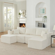 Divano angolare modulare 3 posti con pouf mobili, portabicchieri e tasche laterali, in tessuto a coste beige