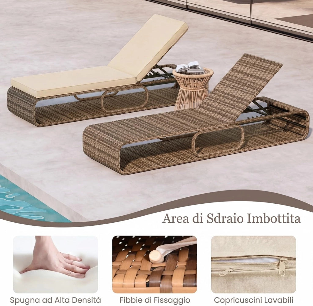 Sedia a Sdraio Imbottita in Rattan PE, Lettino Prendisole con Cuscino Morbido, Spazio di Stoccaggio e Schienale Regolabile a 7 Posizioni, Portata 180 kg, per Piscina e Giardino (2, Marrone)