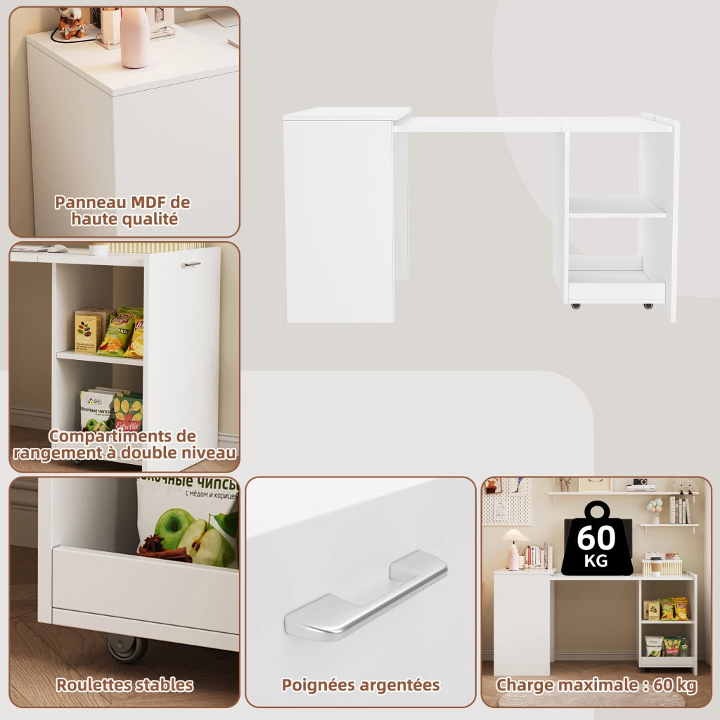 Scrivania Pieghevole Multifunzionale con Armadio ¨C MINIMAL ¨C Legno Bianco, 2 Vani, 126x55x75