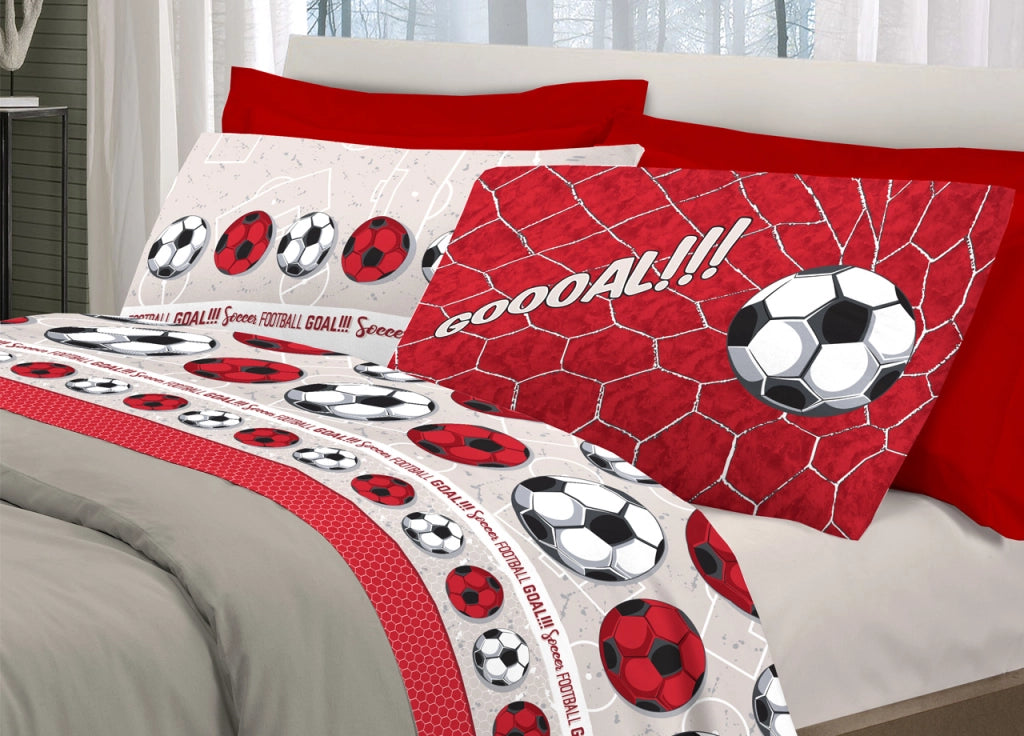 Completo Lenzuola Linea Pensieri Delicati 100% Cotone Disegno Calcio - Singolo - Rosso