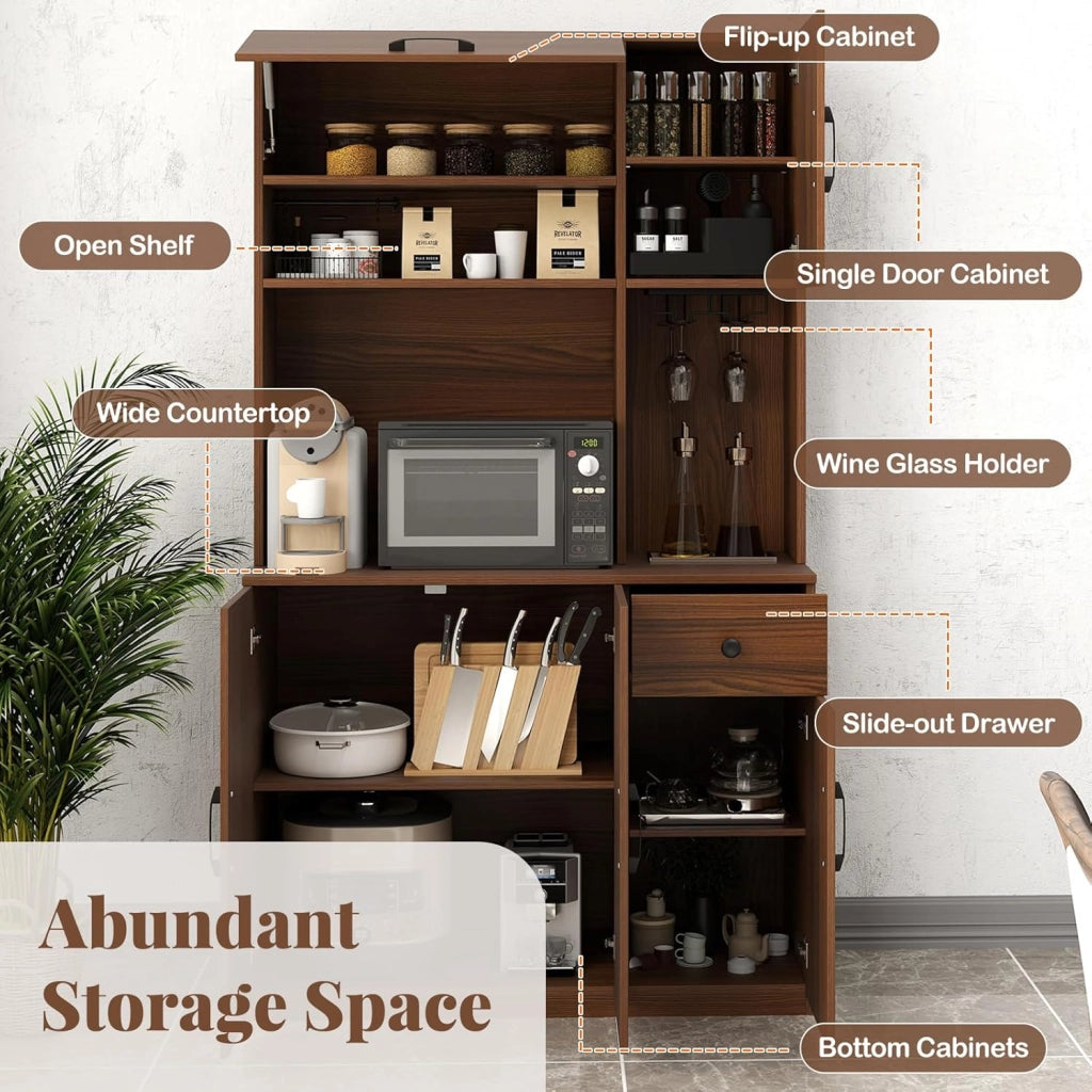 Armadio da Cucina da 167 cm, Mobile da Buffet con Stazione di Ricarica, Cassetto e Ripiani Regolabili, Armadio Buffet Autonomo per Sala da Pranzo, Noce/Nero (Noce)