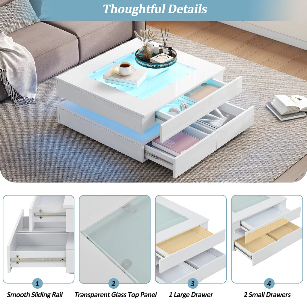Tavolino da caffè con 3 cassetti e LED - per soggiorno - 70×70×35 cm - bianco