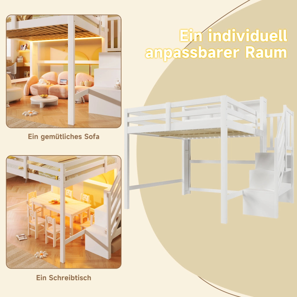 Letto a soppalco 140x200 cm con LED; scala contenitore e struttura bianca