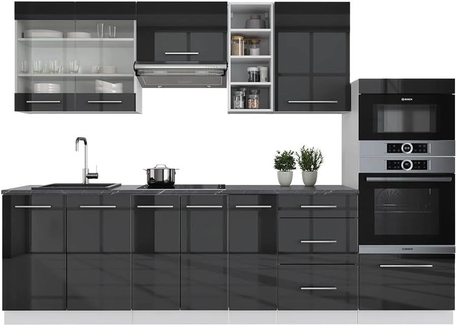 Cucina componibile Fame-Line, Antracite lucido/bianco, 280 cm senza piano di lavoro, per l'espansione personalizzata tramite moduli aggiuntivi compatibili