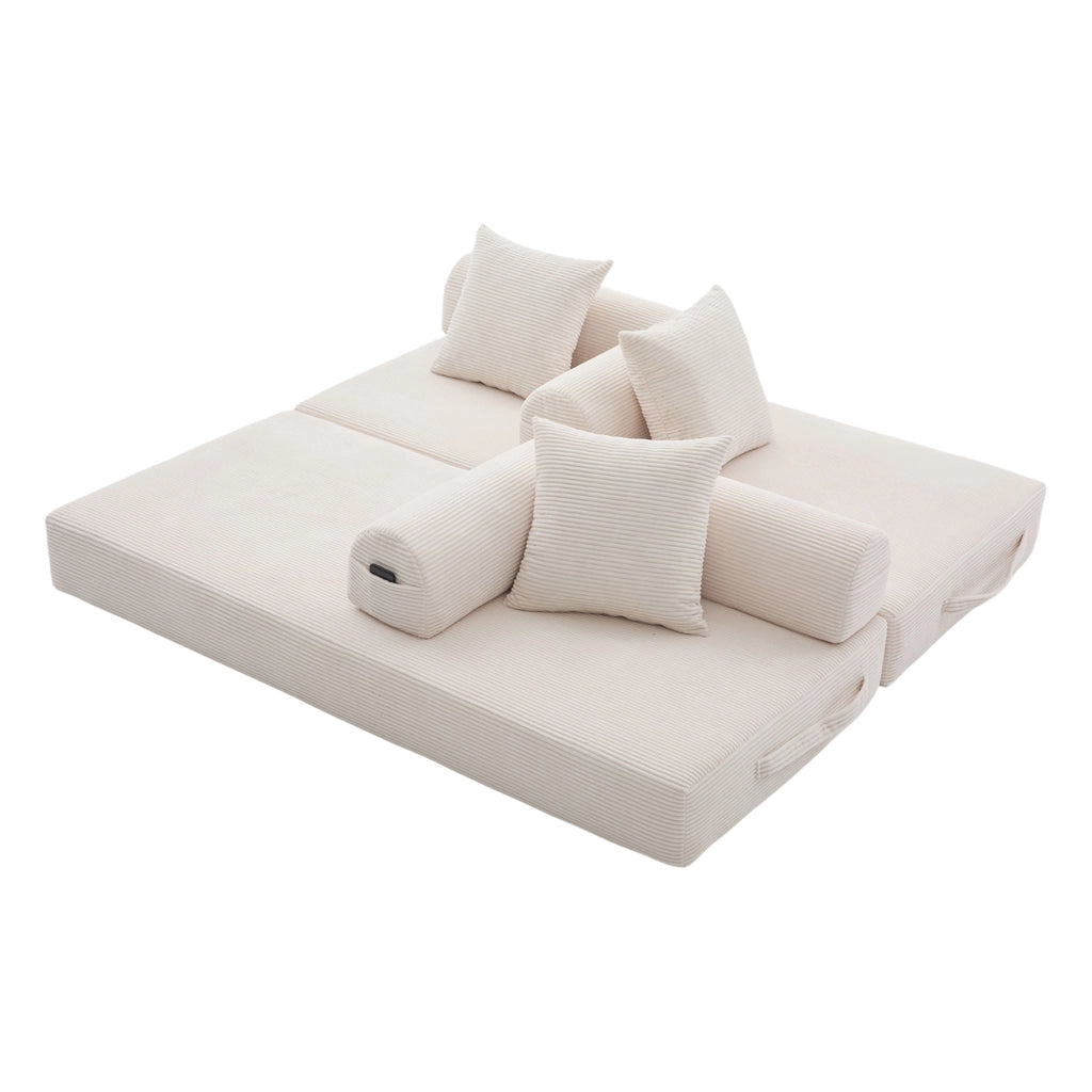 Divano modulare in velluto a coste beige con 3 cuscini; tasca laterale; 200 cm