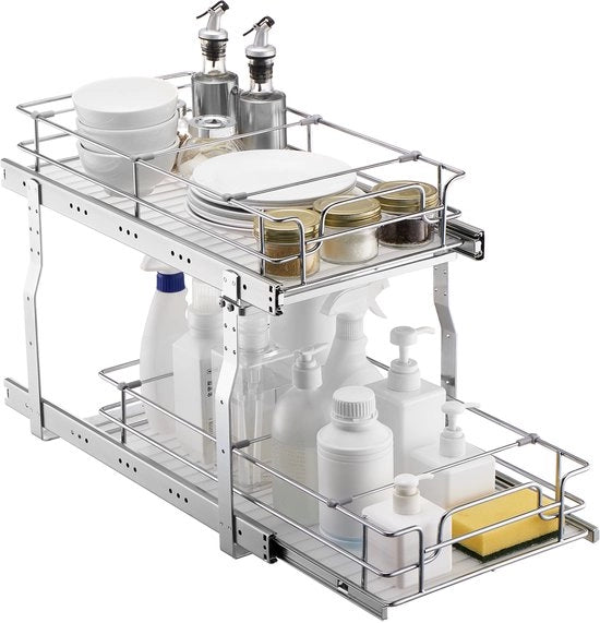 Organizzatore da cucina 12” B x 21” D, ripristinabile, con pannelli di archiviazione robusti e ripristinabile, e carrello di ripristino in acciaio cromato, ideale per i cassetti della cucina.