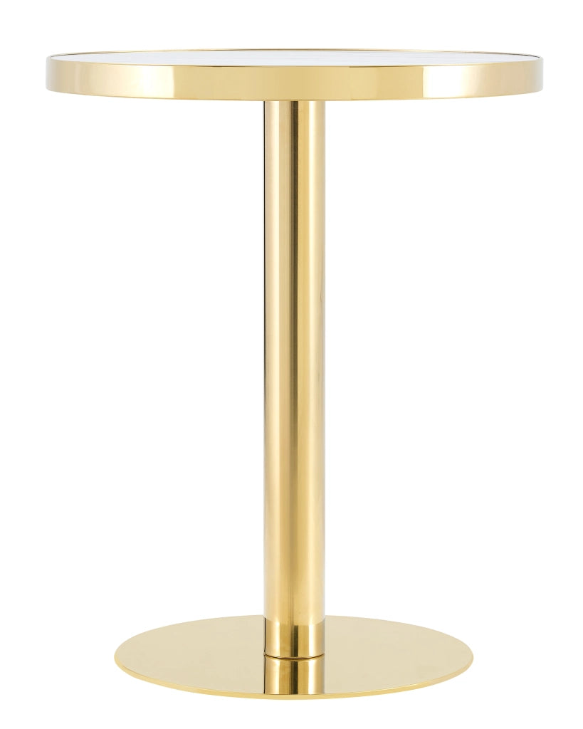 Tavolino basso rotondo con piano effetto marmo e bordo in acciaio inossidabile dorato, per soggiorno, bianco oro