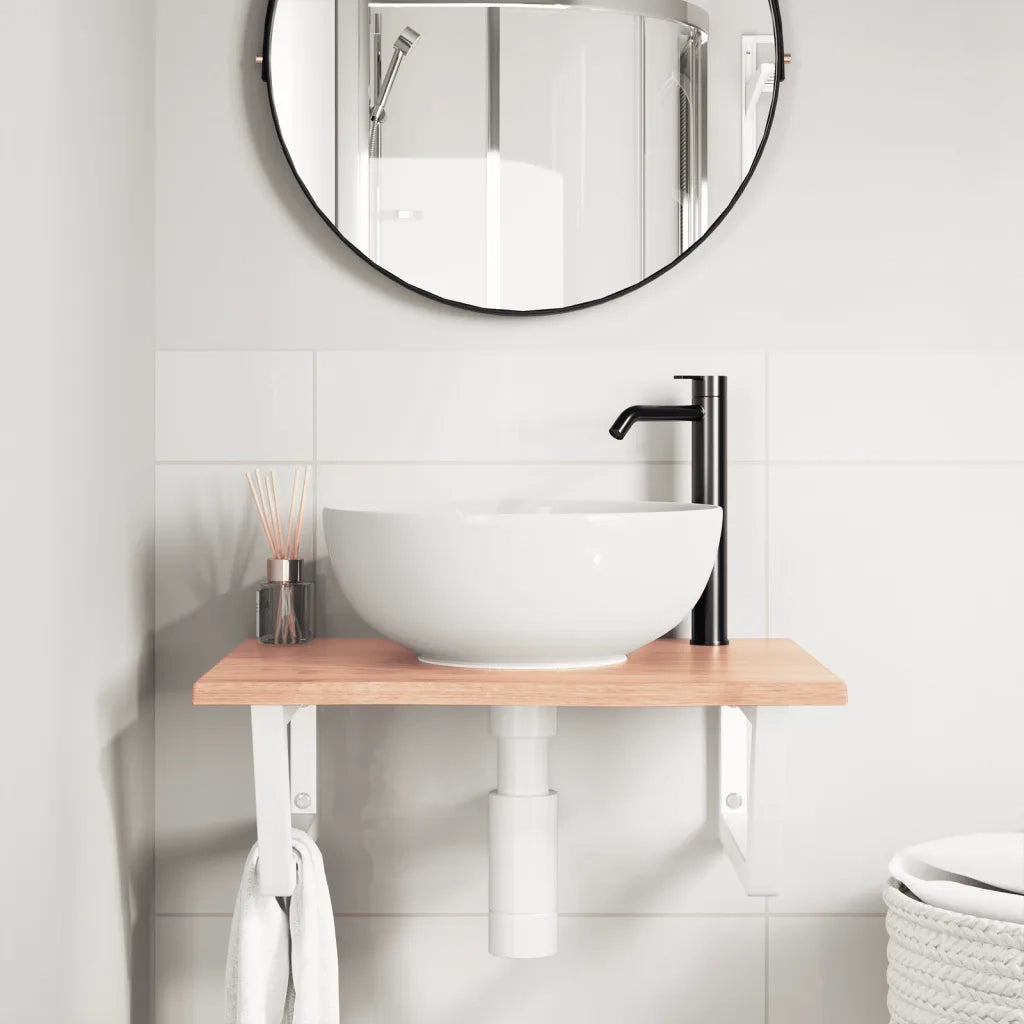 Ripiano a Parete per Lavabo-Mensole a Muro in Acciaio e Massello di Rovere 719077