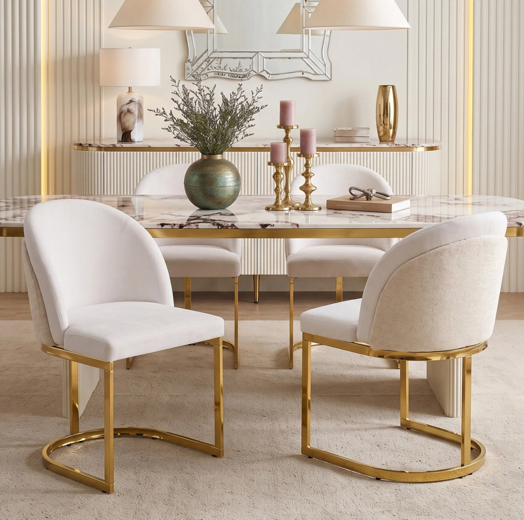 Set 2 sedie da pranzo in ciniglia beige e oro