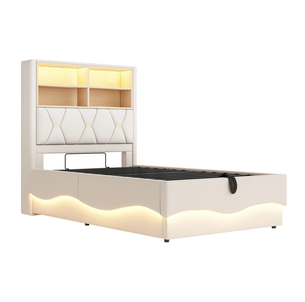 Letto per bambini 90x200 cm con contenitore; LED e USB in ferro e lino beige