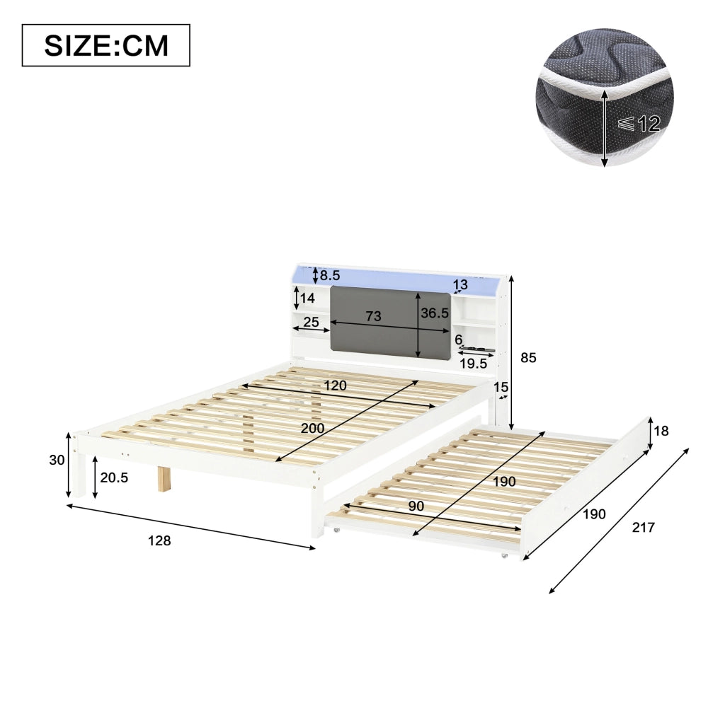 Letto 120x200 cm con letto estraibile; testiera imbottita; LED in legno bianco