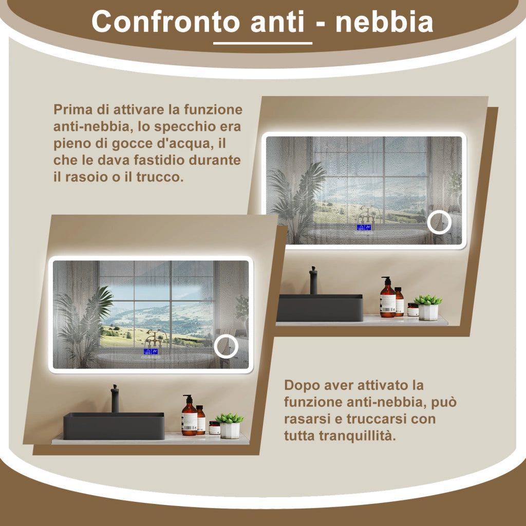Aica Specchio da bagno bluetooth 120x70cm con antiappannamento + dimmerabile + 3 colori + ingrandimento 3X