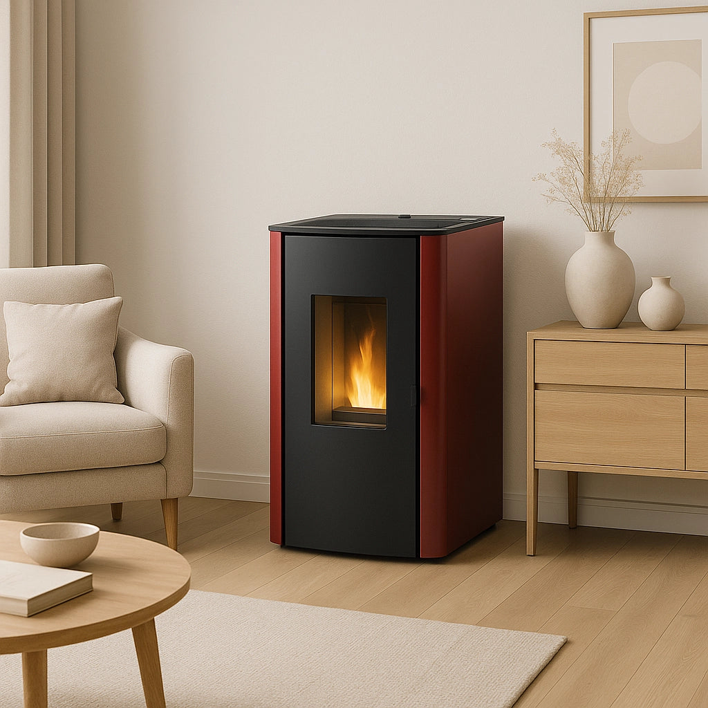 Stufa pellet roxy 7,87 kw colore bordeaux volume riscaldabile 180 m³ classe a+