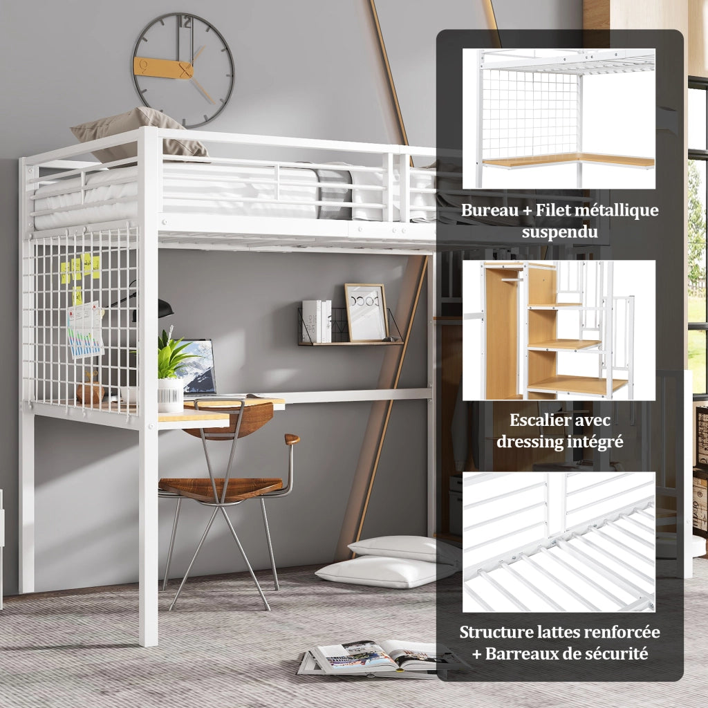 Letto a soppalco Letto singolo con armadio; scala laterale e scrivania 90×200 cm; senza materasso