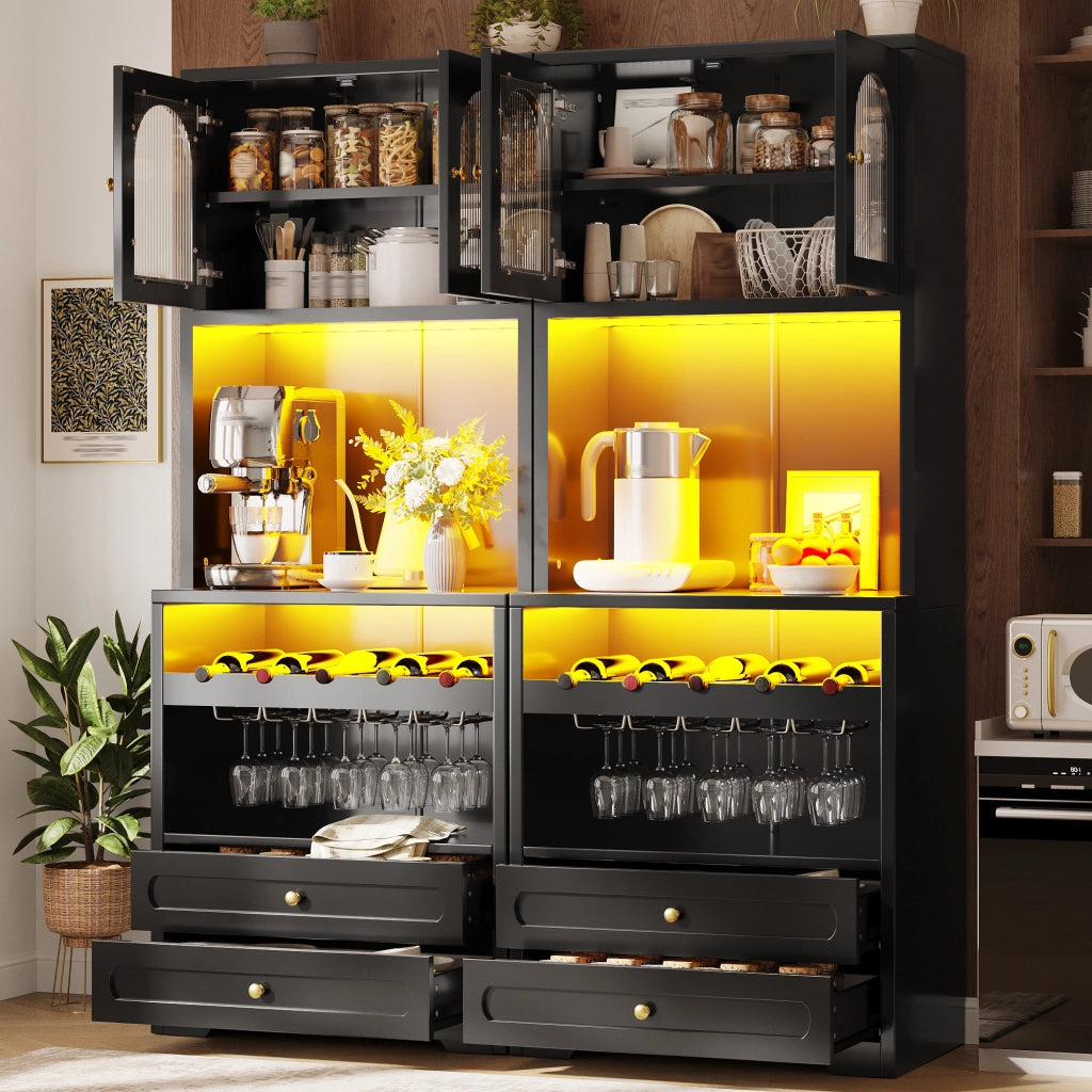 Credenza da cucina LED con ante in vetro e ripiani regolabili; per cucina e soggiorno; in MDF nero; 140 × 40 × 180 cm