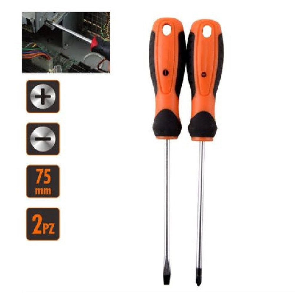 Trade Shop - Set 2 Pz Cacciavite Giraviti Con Punta Magnetica A Taglio E A Croce 75 Mm 97177 -