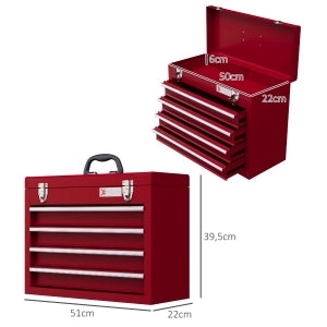 Cassettiera portautensili con 4 cassetti, vano superiore chiudibile, struttura in acciaio rosso, 51 x 22 x 39,5 cm